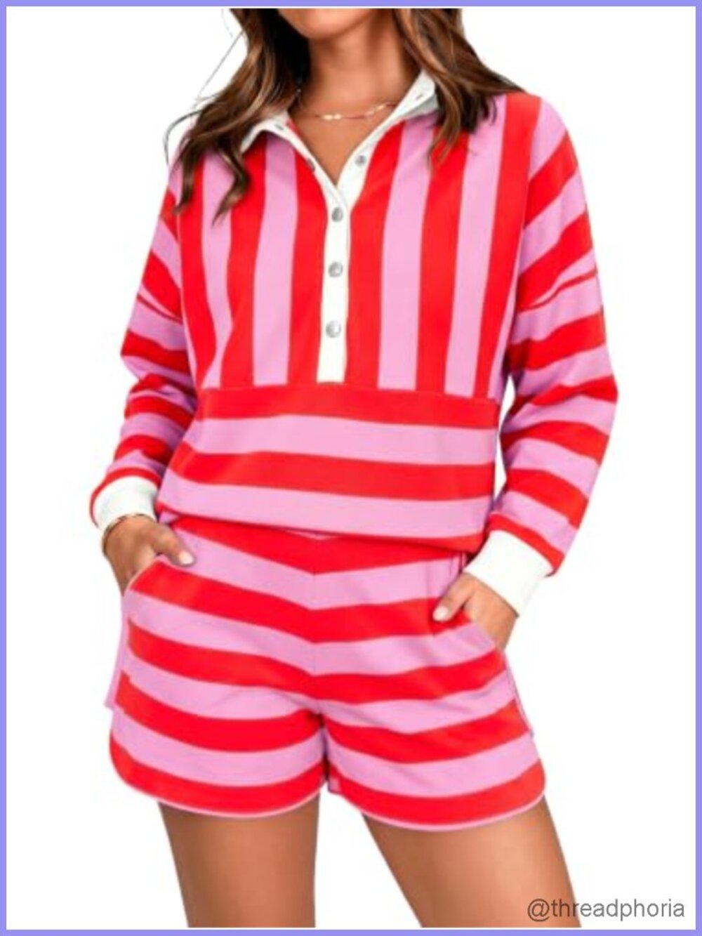 Women's Striped 2 Piece Long Sleeve Rugby Top and Shorts Matching Lounge Set